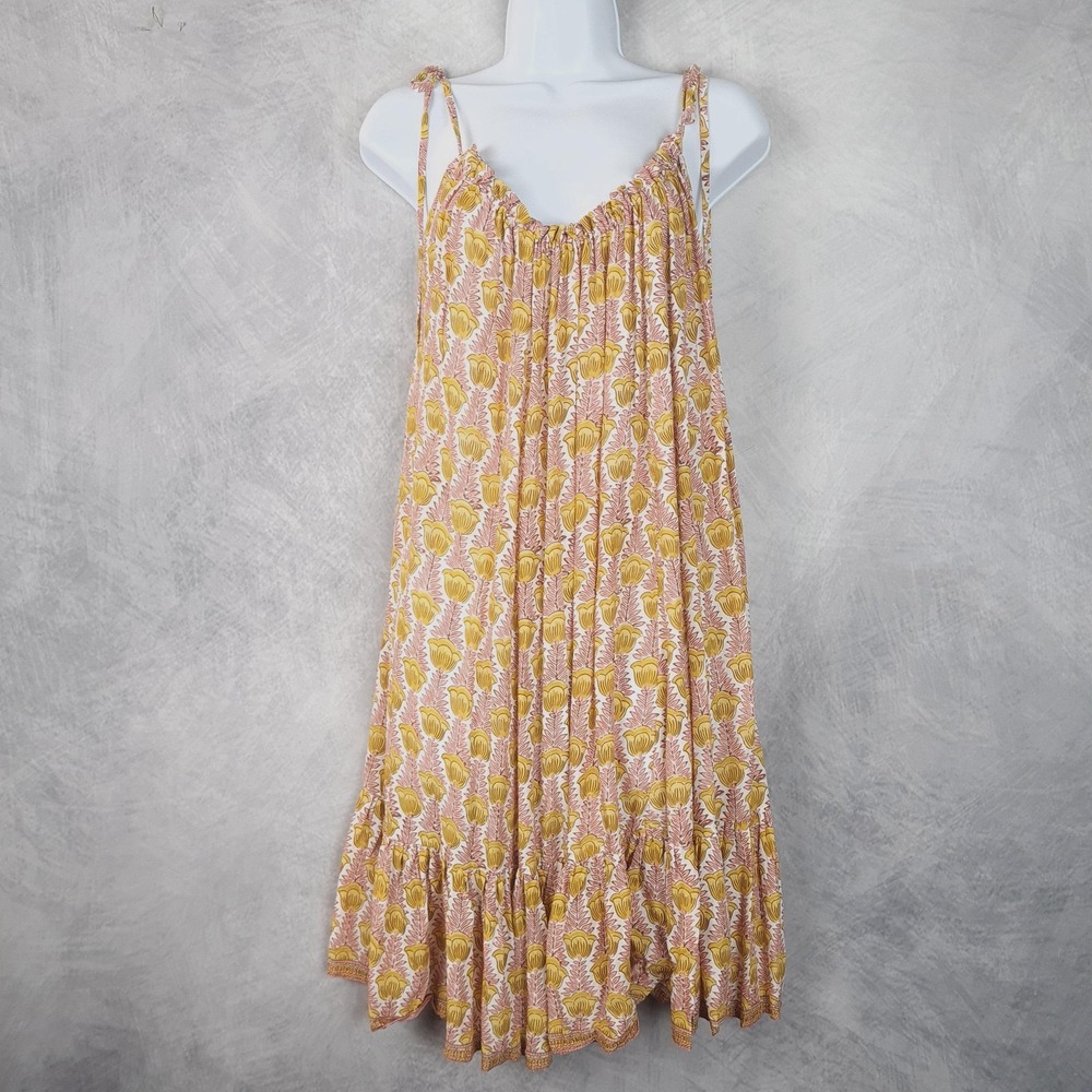 Natalie Martin Dress Womens Medium Yellow Floral Rayon Tie Strap Ruffle Boho